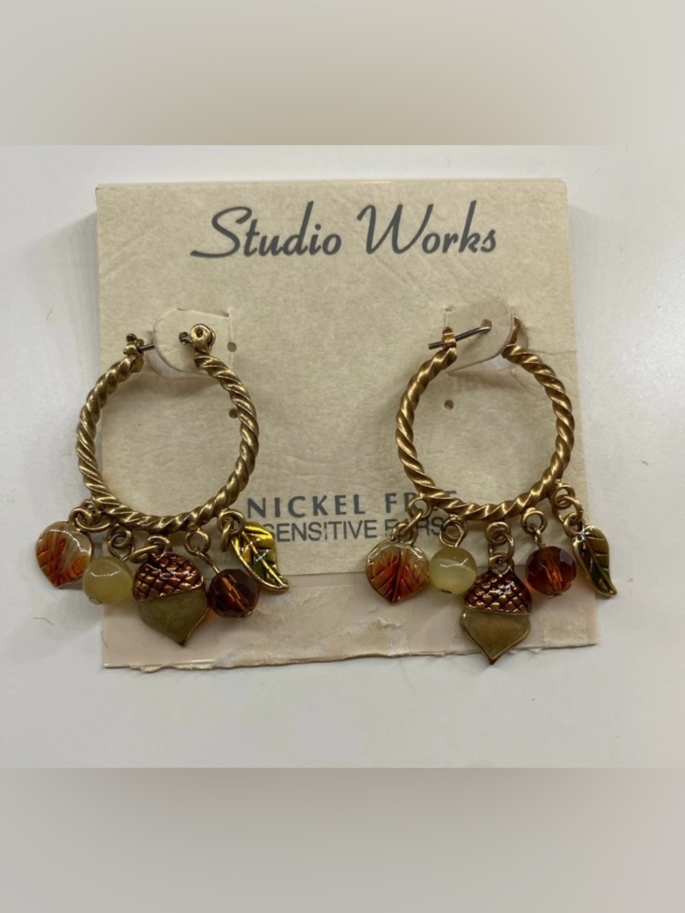 Studio Works Gold-Tone Twisted Hoop Earrings with Leaf, Acorn & Bead Charms